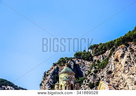 Amalfi City Minimalistic View To The Church Green Dome Roof With Tile Patterns And Rock Cliff Mounta