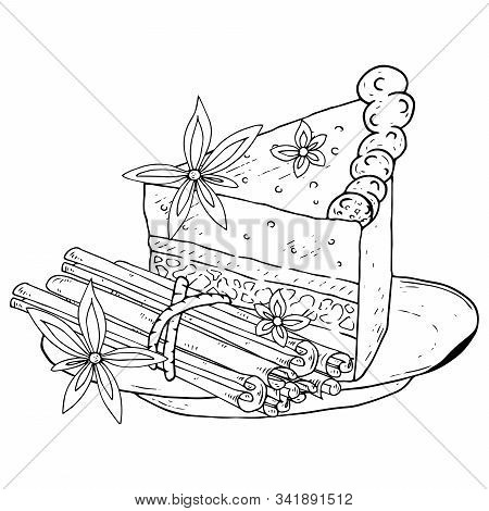 Cake With Cinnamon On A Plate Icon. Vector Illustration Of A Piece Of Cake And Cinnamon Sticks. Hand