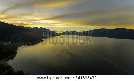 Panoramic View Of Sunset On Traful Lake. Autumn, Patagonia Argentina.