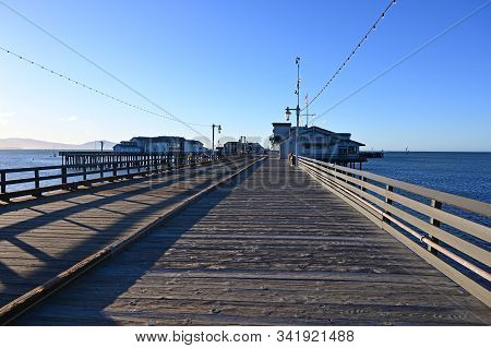 Santa Barbara, California - May 20, 2019 Stearns Wharf At Sunrise On Clear Cloudless Morning.