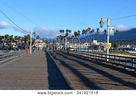 Santa Barbara, California - May 20, 2019 Stearns Wharf At Sunrise On Clear Cloudless Morning.