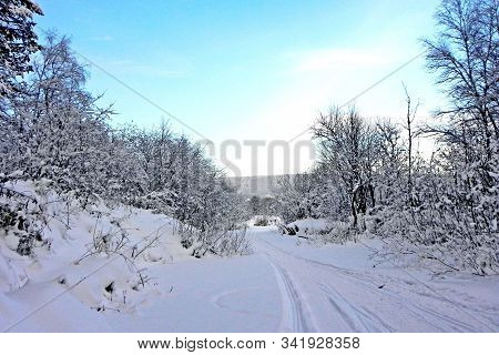 This Is A Real Fairy Tale. In The Center Of The Photo - The Road, Covered With Snow. On The Sides Of