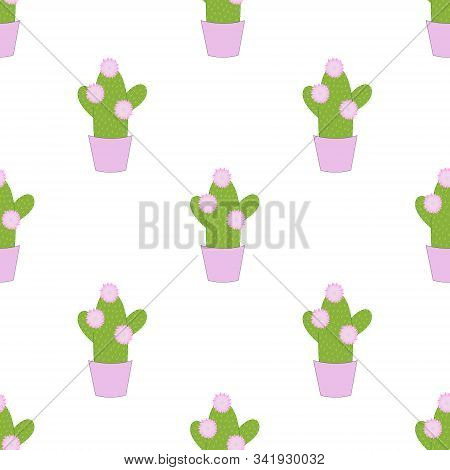 Seamless Pattern With Cute Cactus On A White Background. Vector.