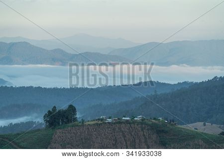 Beautiful Rice Terraces In The Morning With Fog Environment In Pa Bong Piang, The Rural Village In C