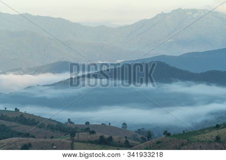 Beautiful Rice Terraces In The Morning With Fog Environment In Pa Bong Piang, The Rural Village In C