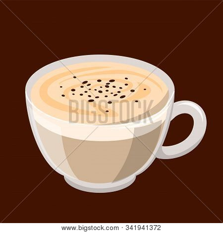 Small Cup Of Capuccino Vector Isolated. Tasty Hot Coffee And White Milk Foam With Cinnamon. Brown Dr