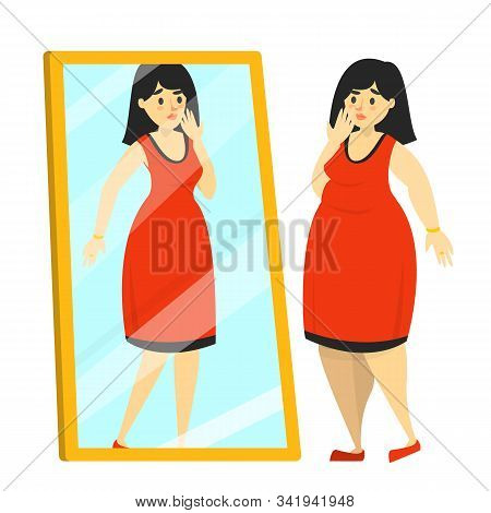 Happy Fat Woman In Red Dress Looking At Fit Reflection