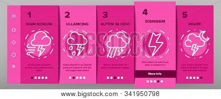 Thunder And Lightning Onboarding Mobile App Page Screen Vector. Thunder And Raining Clouds, Umbrella
