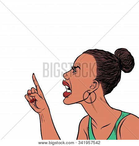 Angry African Woman Threatens Finger. Pop Art Retro Vector Illustration Kitsch Vintage 50s 60s