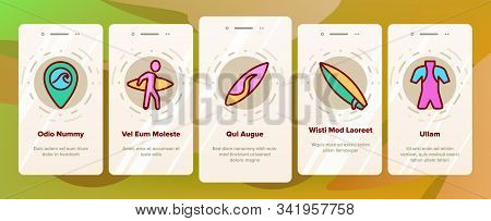 Surfboard Onboarding Mobile App Page Screen Vector. Human Silhouette On Surfboard And Wave, Swimming