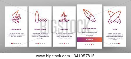 Surfboard Onboarding Mobile App Page Screen Vector. Human Silhouette On Surfboard And Wave, Swimming
