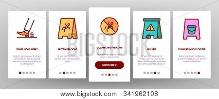 Wet Floor Onboarding Mobile App Page Screen Vector. Leg Slips On Wet Floor, Human Silhouette Janitor
