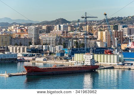 Malaga, Spain - December 4, 2018: City Panorama Of Malaga With Residential Areas, Urban Infrastructu