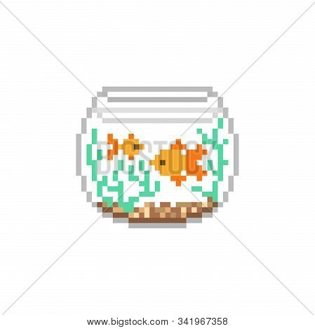 2 Goldfishes In A Bowl Aquarium, Pixel Art Icon Isolated On White Background. Pet Fishes In A Tank. 
