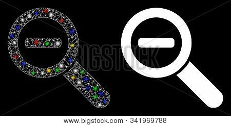 Glossy Mesh Zoom Out Icon With Sparkle Effect. Abstract Illuminated Model Of Zoom Out. Shiny Wire Ca