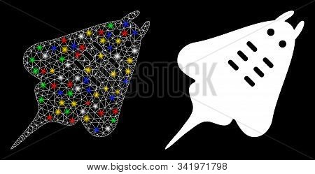 Glowing Mesh Stingray Fish Icon With Lightspot Effect. Abstract Illuminated Model Of Stingray Fish. 