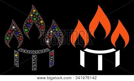 Glossy Mesh Burner Nozzle Fire Icon With Glitter Effect. Abstract Illuminated Model Of Burner Nozzle