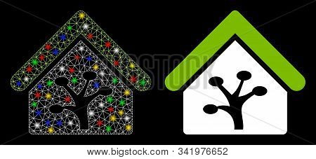 Glossy Mesh Plant Glasshouse Icon With Glare Effect. Abstract Illuminated Model Of Plant Glasshouse.