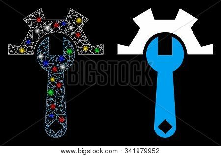 Glowing Mesh Service Tools Icon With Lightspot Effect. Abstract Illuminated Model Of Service Tools. 