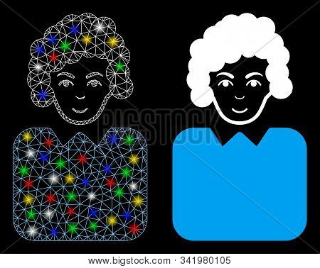 Bright Mesh Bureaucrat Lady Icon With Sparkle Effect. Abstract Illuminated Model Of Bureaucrat Lady.