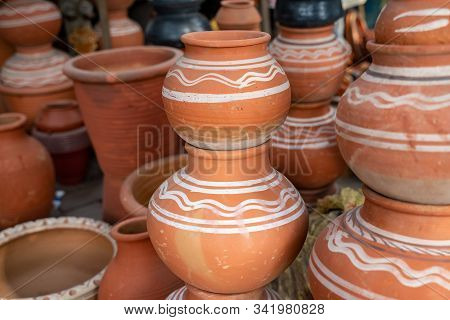Decorative Terracotta Clay Pots For Sale At A Street Market In New Delhi India