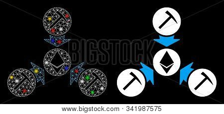 Glowing Mesh Ethereum Mining Pool Icon With Glitter Effect. Abstract Illuminated Model Of Ethereum M