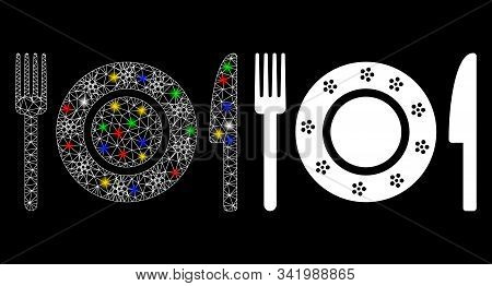 Flare Mesh Restaurant Tableware Icon With Glitter Effect. Abstract Illuminated Model Of Restaurant T