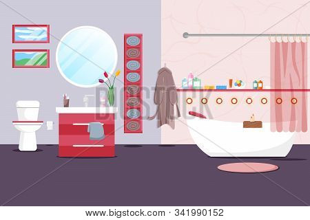 Vector Illustration Of Modern Bathroom Interior In Flat Style. Residential Rooms Design With Furnitu
