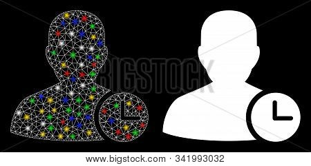 Glossy Mesh User Time Icon With Lightspot Effect. Abstract Illuminated Model Of User Time. Shiny Wir