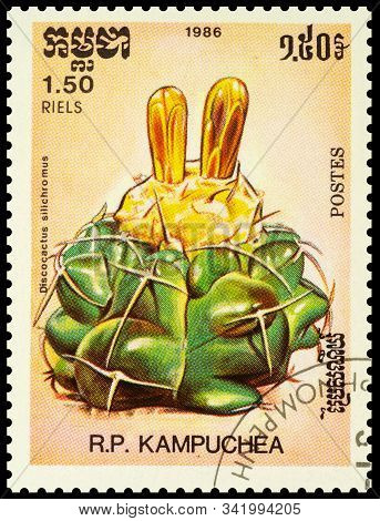 Moscow, Russia - December 27, 2019: Stamp Printed In Cambodia Shows Flowering Cactus Discocactus Sil