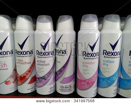 Rio De Janeiro, Brazil - December 27, 2019: Rexona Deodorant Bottles On The Brazilian Supermarket Sh