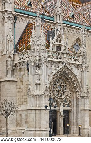 St. Matthias Neogotical Cathedral Facade And Roof In Budapest. Hungary