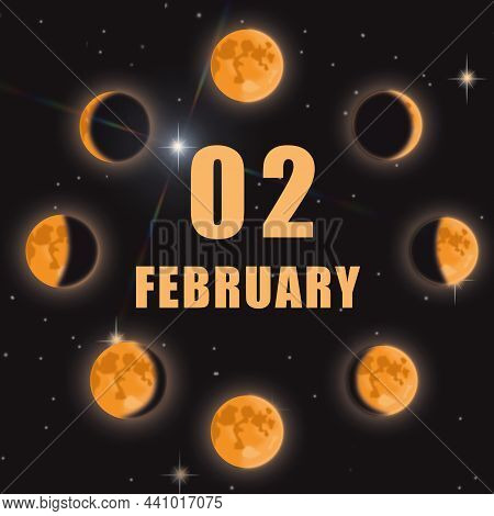 February 2. 2th Day Of Month, Calendar Date.phases Of Moon On Black Isolated Background. Cycle From 