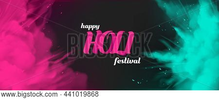 Holi Powder Paints Empty Banner Template, Horizontal Border With Pink And Green Color Splashes On Bl