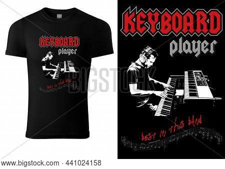 Black T-shirt With Sketch Of Musician Playing On Synthesizer -  Illustration Isolated On Black Backg