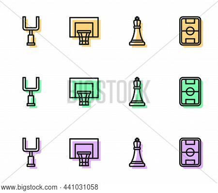 Set Line Chess, American Football Goal Post, Basketball Backboard And Football Field Icon. Vector