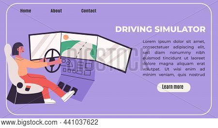 .young Woman Learn To Drive With Gaming Wheel. Driving School, Simulation Driving Lesson. Flat Vecto