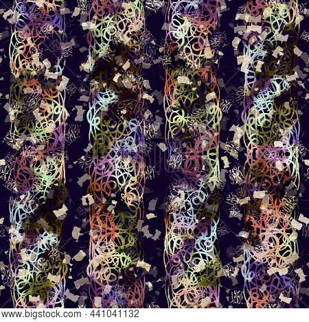 Exotic Multicoloured Boho Stripe Line Print. Seamless Autumnal Dark Ground Detailed Repeat Pattern. 