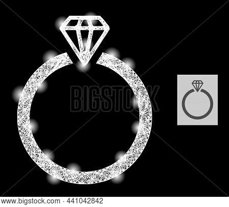 Glowing Net Mesh Diamond Ring With Glowing Spots On A Black Background. Light Vector Structure Creat