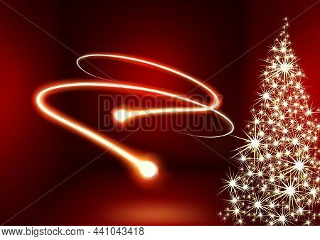Red Abstract Christmas Background With Christmas Tree Formed From Glittering Stars And A Magical Twi