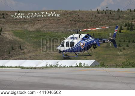 Ankara, Turkey - June 26, 2021: Turkish Police Force Bell 429 Globalranger Helicopter Performing