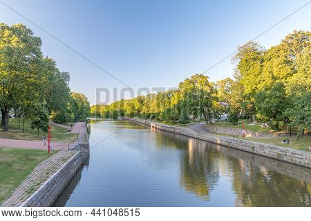 Turku, Finland - August 4, 2021: Aura River (finnish Aurajoki) At Summer Time.