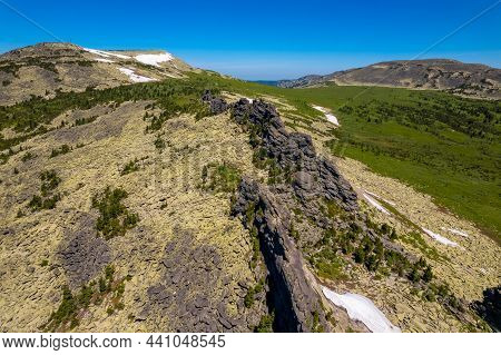 Sheregesh Ski Resort In Summer, Landscape On Mountain Mustag, Aerial Top View Kemerovo Region Russia