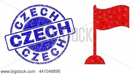 Low-poly Polygonal Flag Marker 2d Illustration With Czech Textured Stamp. Blue Stamp Includes Czech 