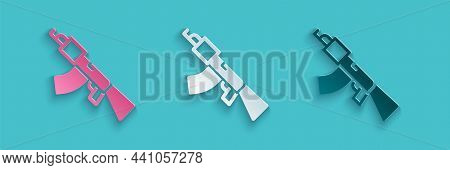 Paper Cut Submachine Gun Icon Isolated On Blue Background. Kalashnikov Or Ak47. Paper Art Style. Vec