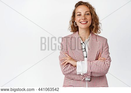 Young Professional Business Woman Cross Arms On Chest, Smiling And Looking Like Real Professional, W