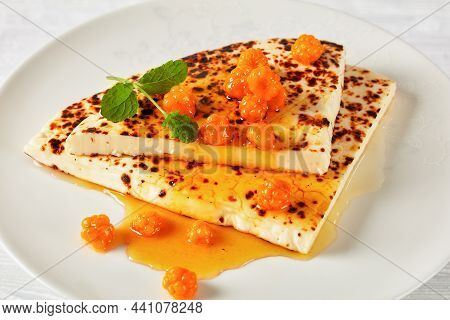 Leipajuusto, Kaffeost, Bread Cheese, Finnish Squeaky Cheese Slices With Cloudberry Jam And Fresh Min