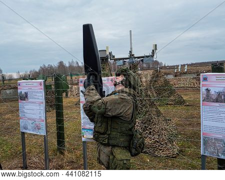 Kazan, Russia. 08 November 2021. A Russian Soldier With A Hand-held Garpun Drone Countermeasures Sys