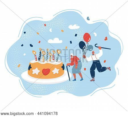 Vector Illustration Of Elderly People Celebrate Birthday