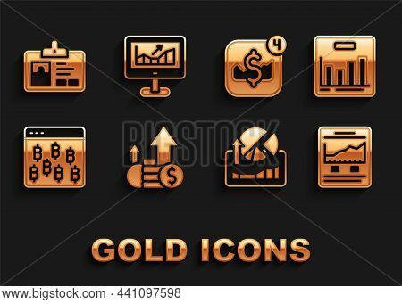 Set Financial Growth And Coin, Pie Chart Infographic, Website With, Stocks Market Graphs, Bitcoin Br